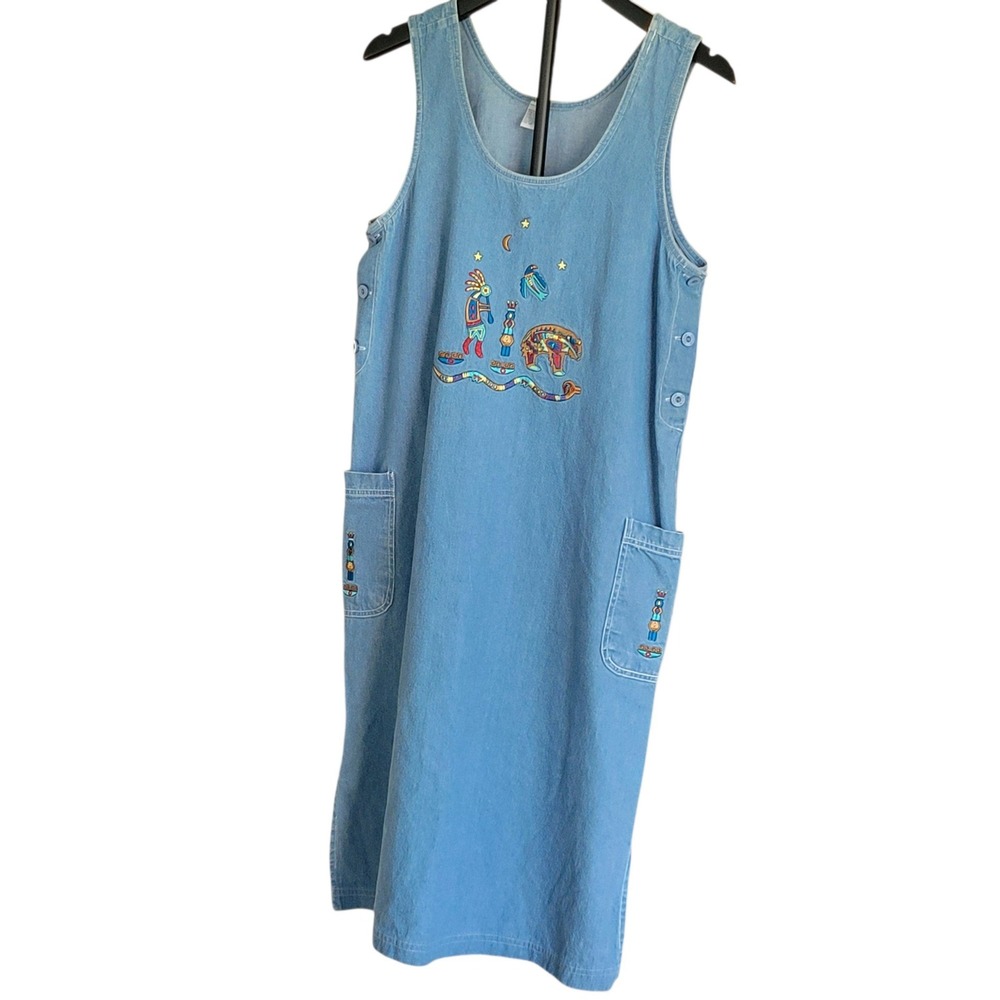 Vintage Denim Embroidered Southwestern Kokopelli Jumper Dress Blue Medium